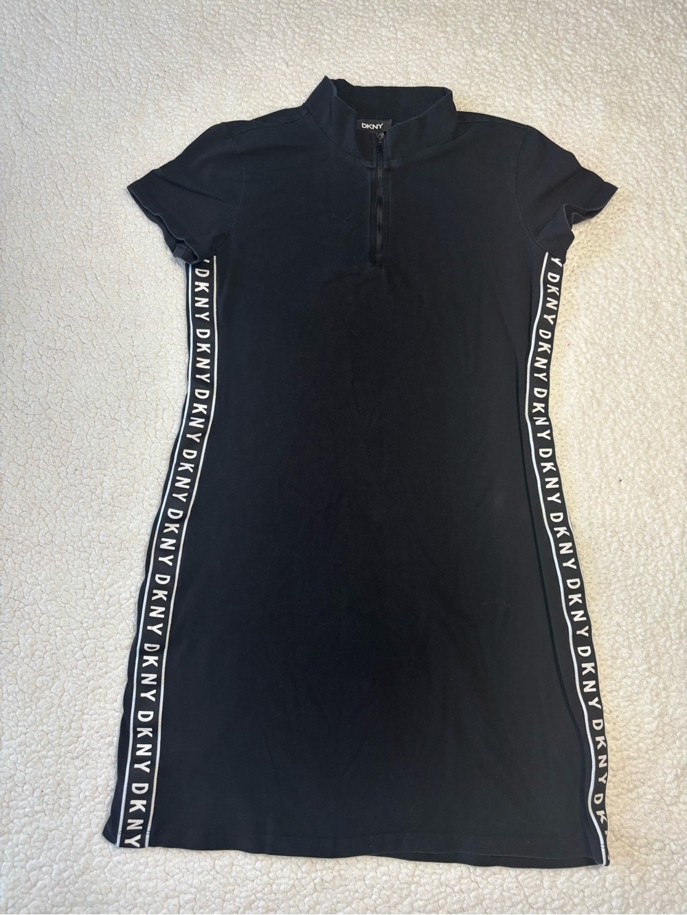 DKNY Sport Black Logo Tape Quarter Zip Mini Dress Short Sleeve Sporty Bodycon S